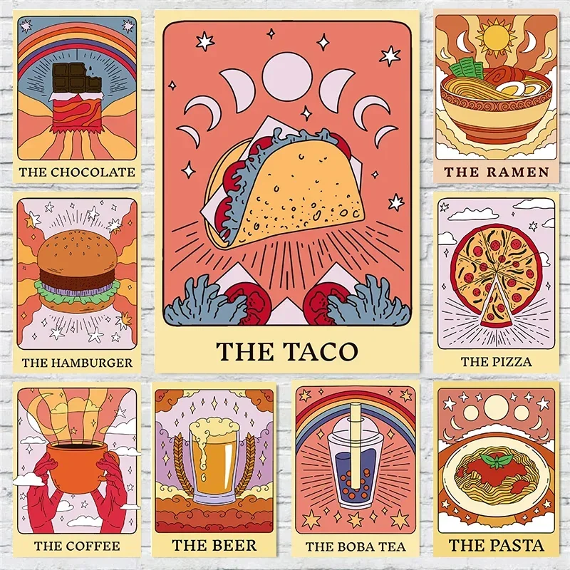 Tarot Card Beer Drink Taco Pizza Hamburger Poster Print Wall Art Pictures Canvas Painting Living Room Restaurant Home Decor Gift