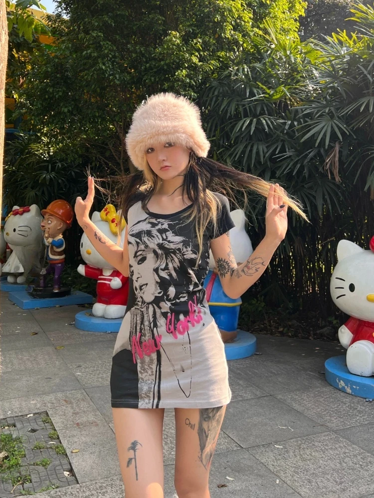 Gothic Sexy American Vintage Subkultur Kurzarm Kleid 2000er Jahre Print Bodycon Minikleid Sommer Y2k Einteiliges Kleid Koreanischer Chic