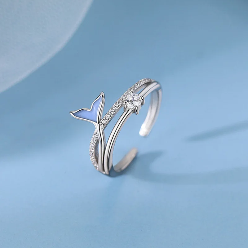 2023 New Double Layer Blue Fishtail Women's Rings Exquisite Mermaid INS Sparkling Zircon Adjustable Ring Engagement Jewelry Gift