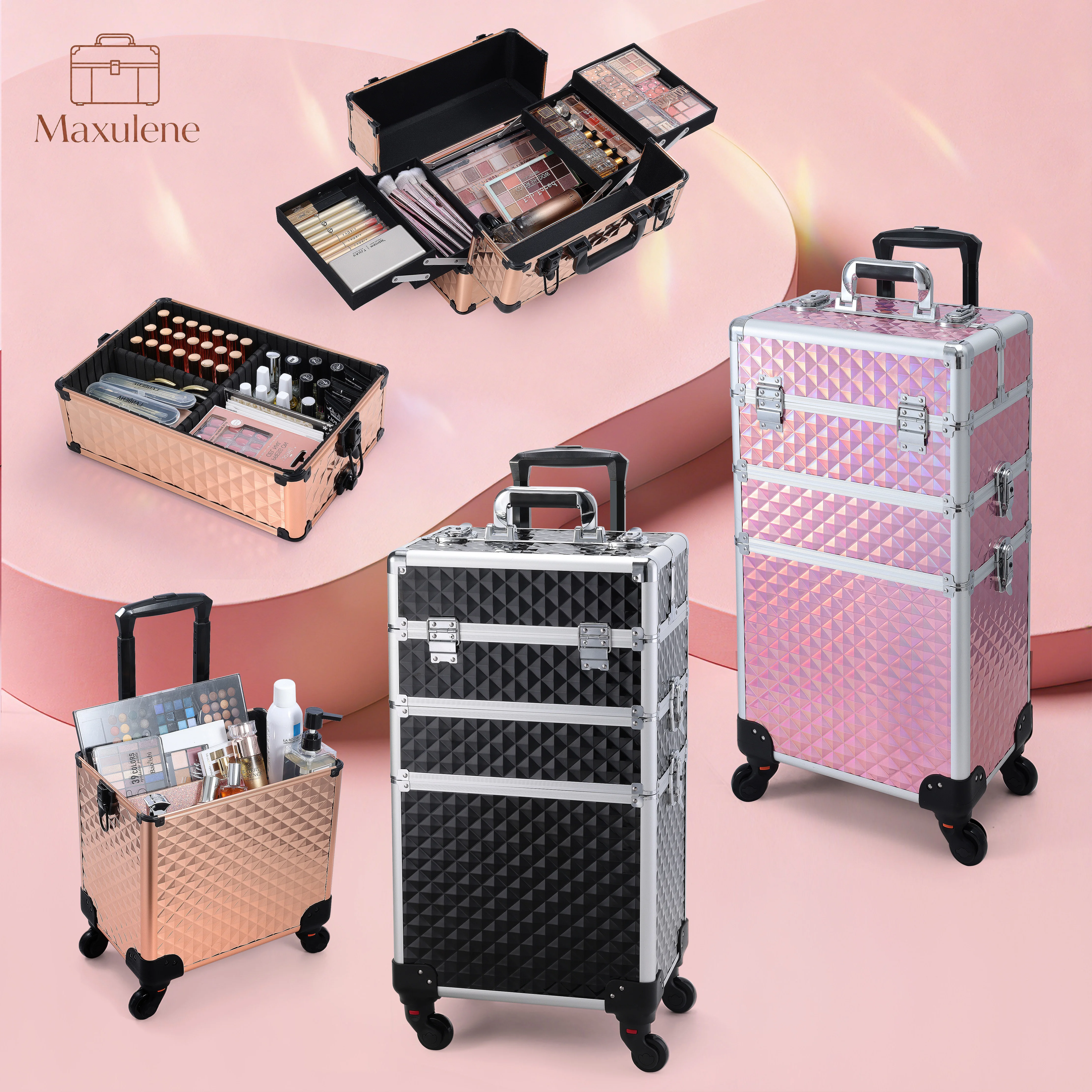 Trousse de maquillage sur roulettes, valise de maquillage à roulettes, trousse de maquillage extra large avec 4 plateaux, chariot de maquillage sur roulettes avec serrures, trousse de maquillage portable, chariot pour outils de coiffure et de manucure, chariot pour artistes, trousse de maquillage 3-en-1 démontable, chariot de beauté.