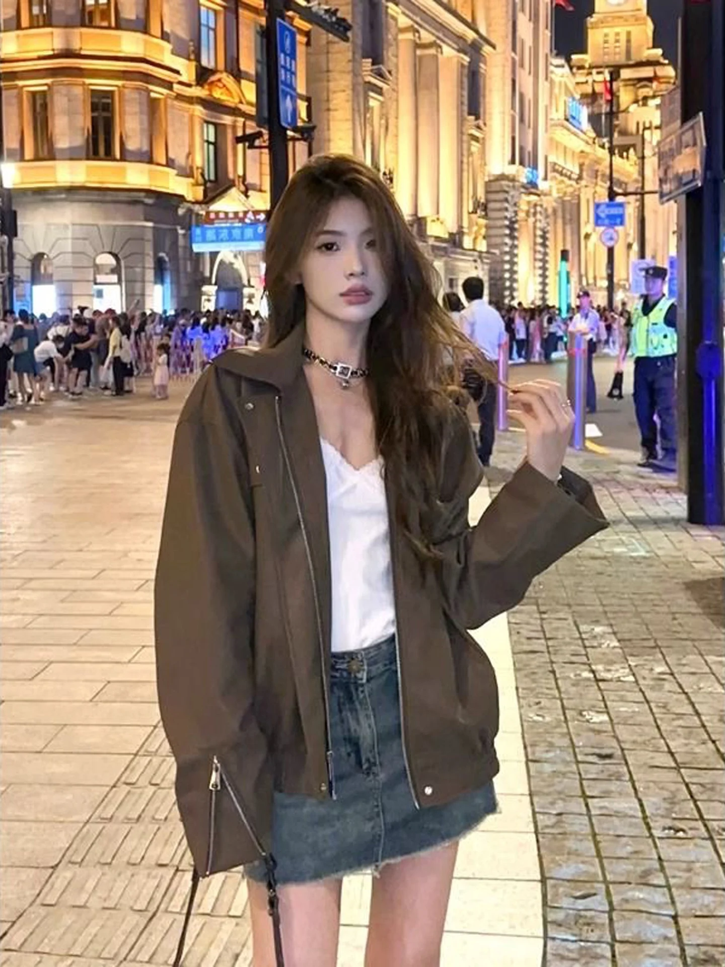 Mature Women's Biker Style Faux Leather Jacket Coffee Color Matte Casual Loose Fit Autumn New Fashion Retro Versatile Coat
