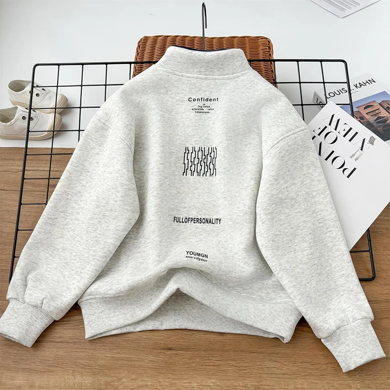 Neue warme Plüsch-Sweatshirts für Jungen, Herbst-Winter-Mode, Stehkragen, dicker Pullover, lässiges Oberteil für Kinderkleidung 3-14 Jahre – Detail 6