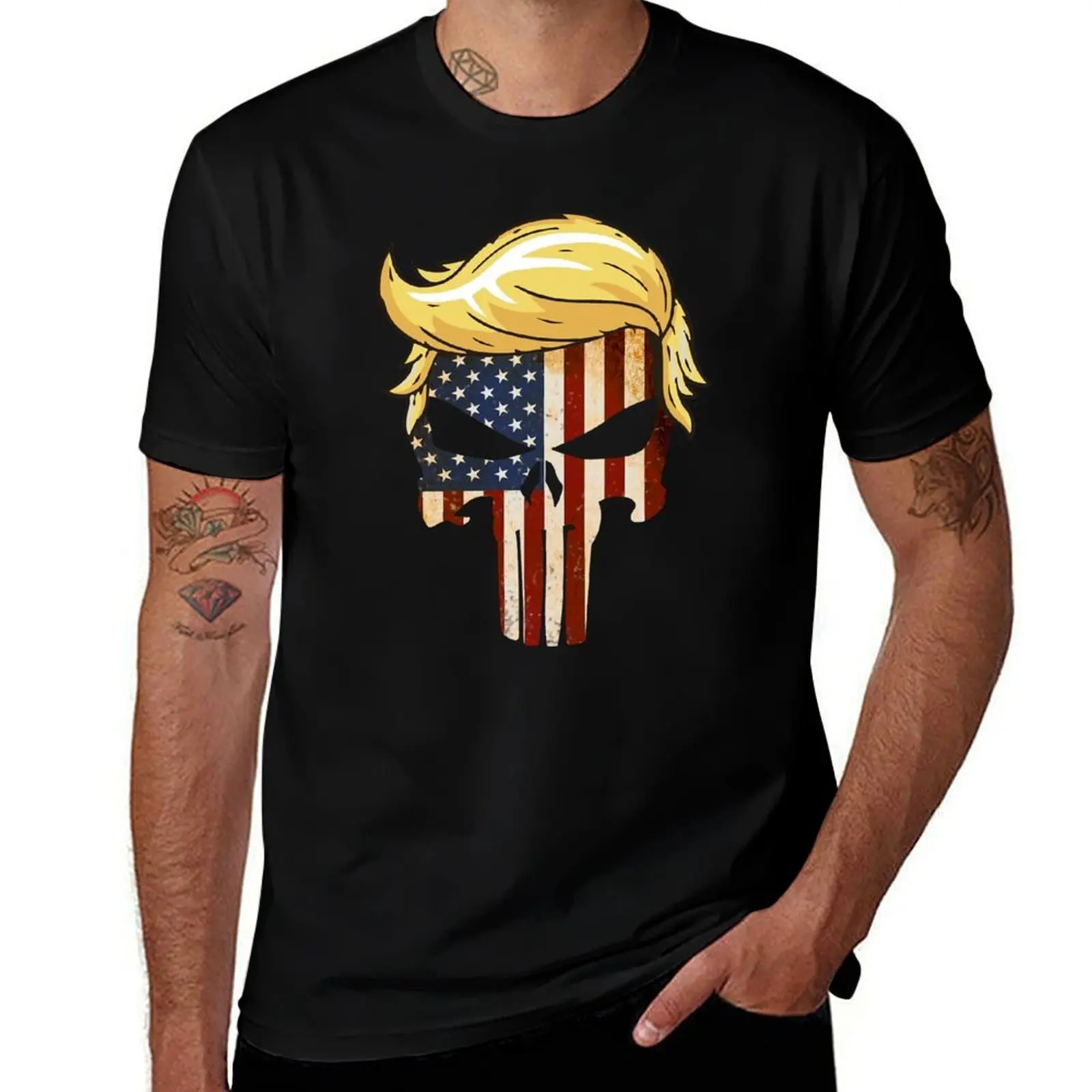 Skull With Iconic Trump Hair America Flag T-Shirt funny gifts aesthetic clothes t shirts for men