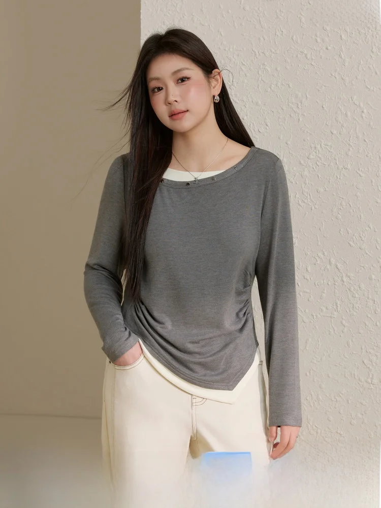 

Korean Sle Soft Knitwear Asymmetrical Large Size Women's Faion Fake Two-Piece Spring New Arrival Slim Fit Commute Sle L...