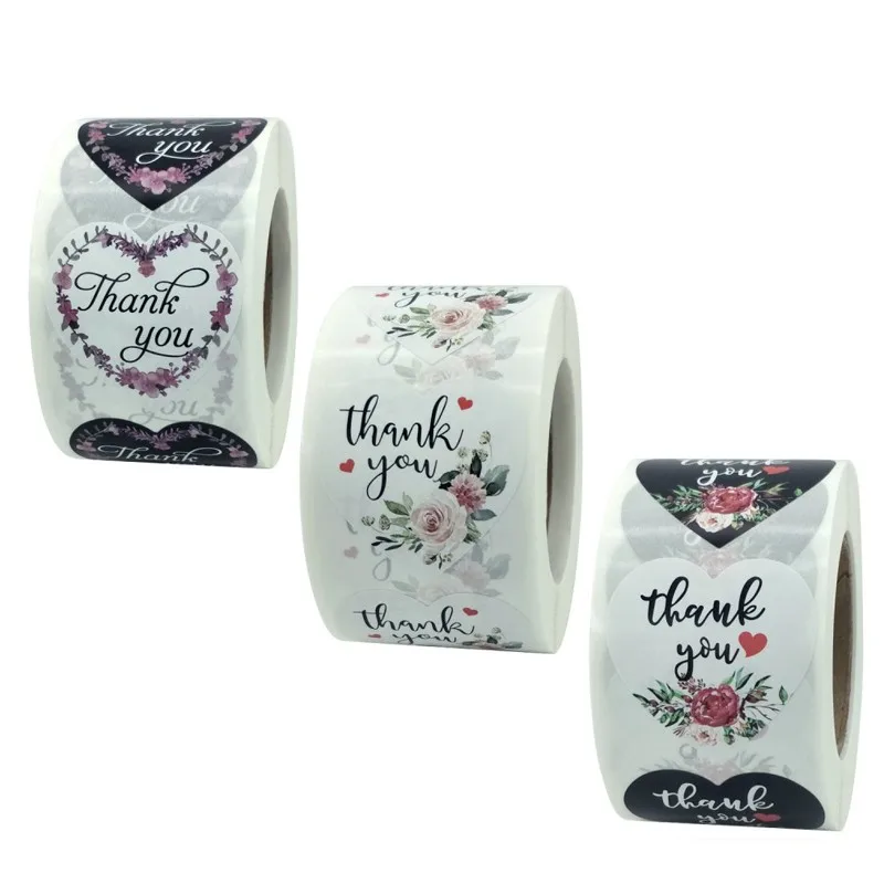 50-500pcs Flower Thank You Business Sticker Roll Label for Wedding Gift Card Box Envelope Sealing Tab Home Made Wrapping Supply