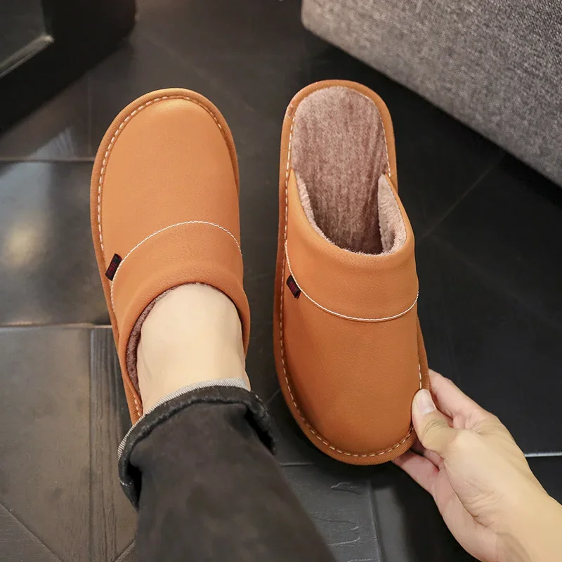 Men\'s New Cotton Slippers Home Waterproof Non-slip Warm Winter Slippers Baotou Bedroom Leather Slippers