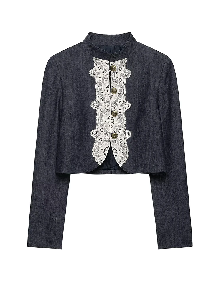 HH Female Summer Denim Short Jacket Stand Collar Ornate White Lace Embellishment Single Breasted Slim Fit Commute Daily Outerwea