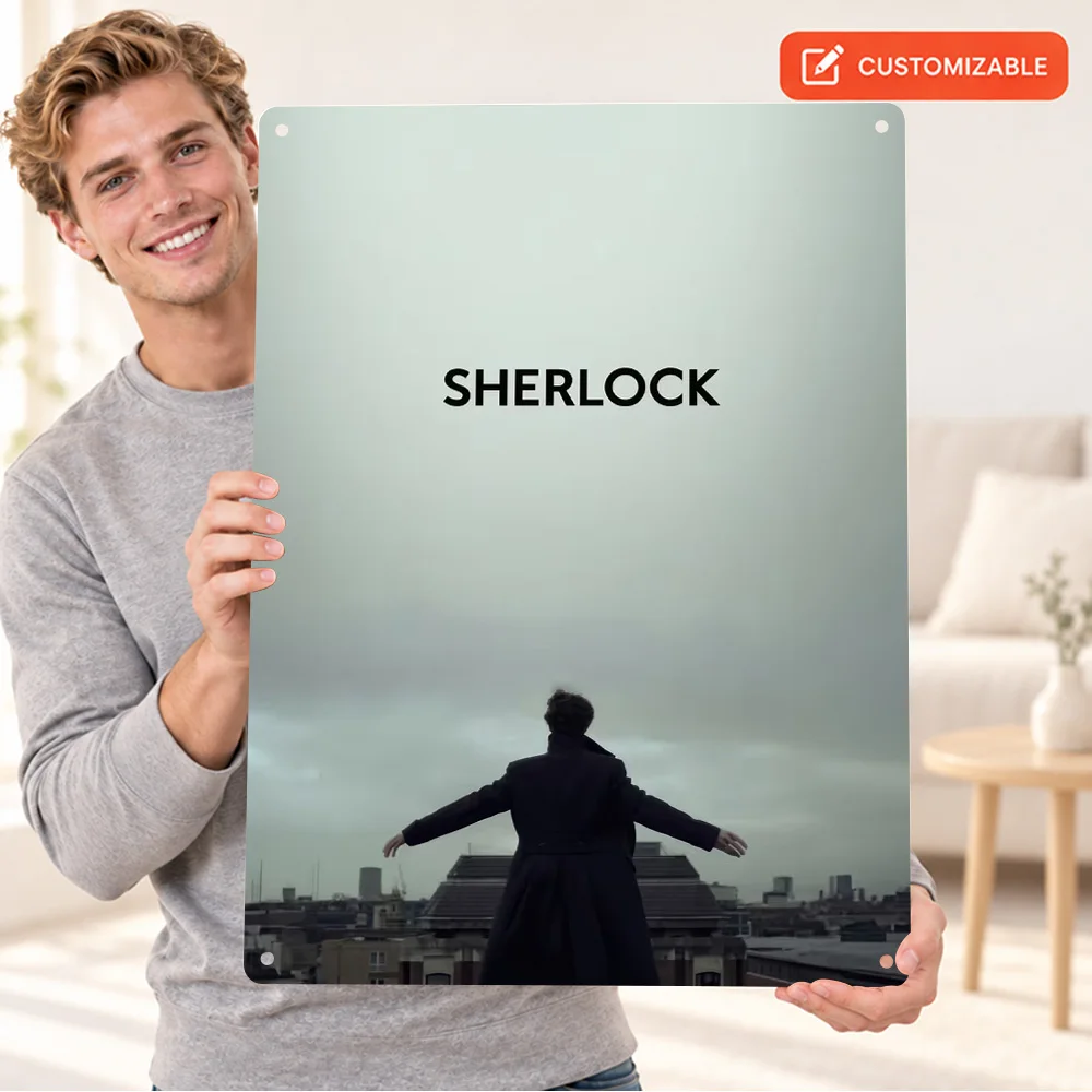 Sherlock Textured Metal Poster Personalized Aluminum Sign Rooftop Silhouette Illustration Wall Art For Bedroom Cinema Fan Gift
