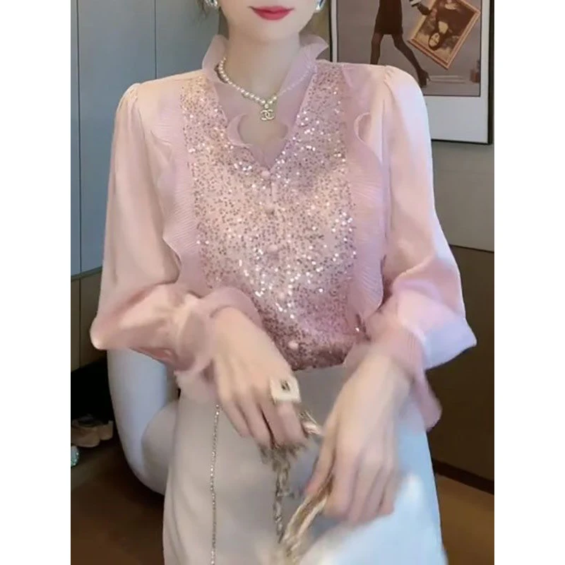 New Women Fashion Ruffles Sequins Elegant Blouses French Style V Neck Long Sleeve Loose Shirts Casual Pink Sweet Chic Fairy Tops