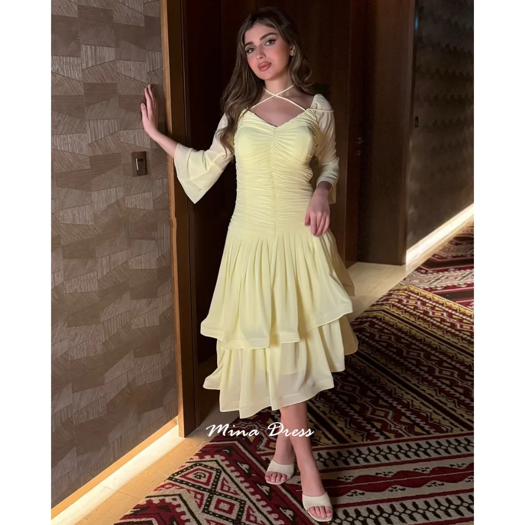 

Mina Long Sleeves Arabic Evening Dress Luxury Party Dress Customized Backless Layered Fold 2025 Elegant Formal Women's Dresses