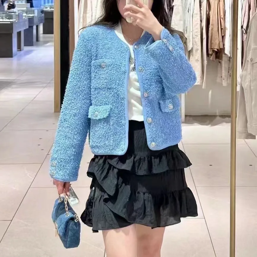 

Ele Blue Long Sve вязаный кардиган M Home 2023, ранняя весна, Новое поступление, универсальный трикотаж для женщин