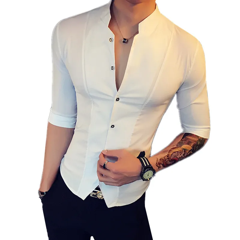 Stand Collar Chinese Style Shirt Men Slim Fit Clothes Male Half Sleeve 2023 Fashion Summer Solid Color Designer Night Club Tops