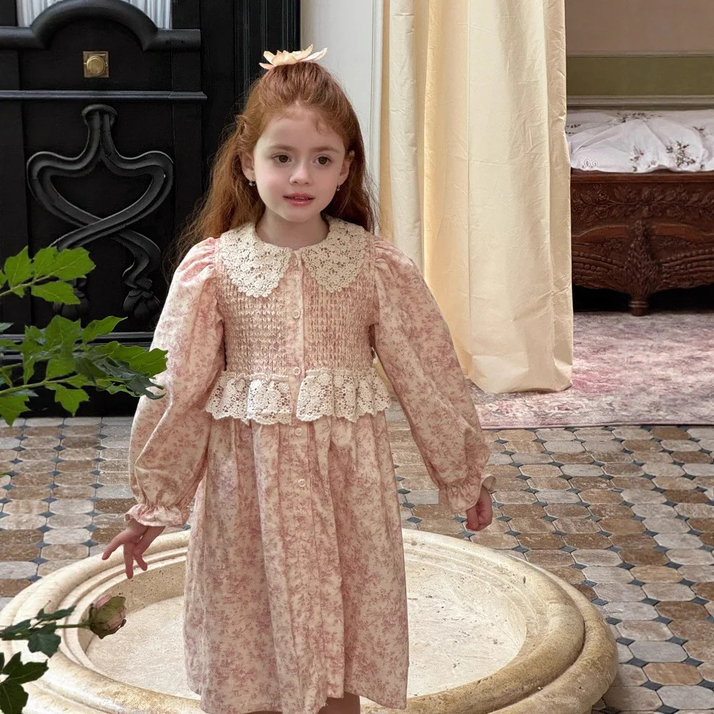 

2025 Autumn and Winter Girls Floral Brushed Turn-down Collar Princess Dress Girls Retro Drawstring Long Sleeved Dress