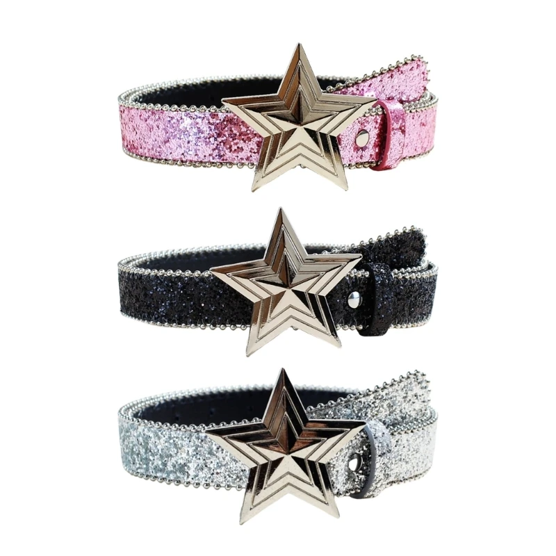 

652F Sequined Belt for Women Star Buckles Belt with Bead Trim Waistband for Pants Blingbling Waiststrap Lady Waist Ornament