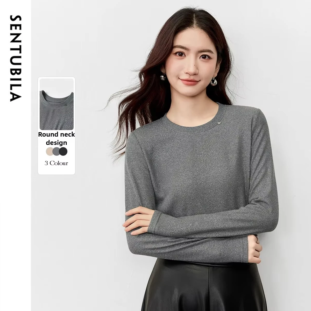 SENTUBILA レディース メタリック シーン ニット Tシャツ 2025 秋 ラウンドネック スリムフィット 長袖 Tシャツ シンプル 通勤 トップス 153TN2710