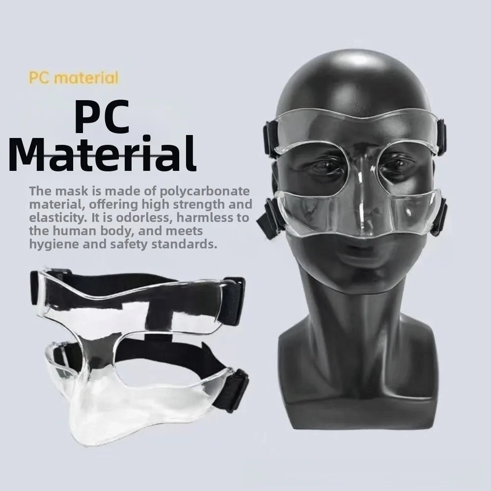 Adjustable Basketball Face Mask Black/Clear Elastic Strap Nose Protective Shield Shatterproof Crack Resistant Face Guard