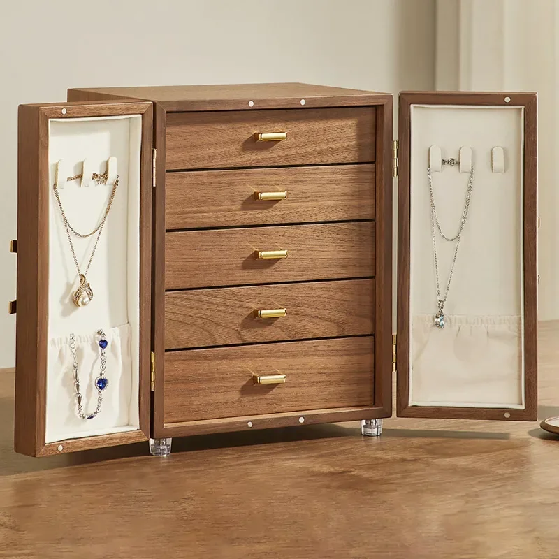 5layer Walnut Colour Double Open Door Jewelry Box Anti Oxidation Earrings Necklace Wedding Ring Drawer Style Large Capacity