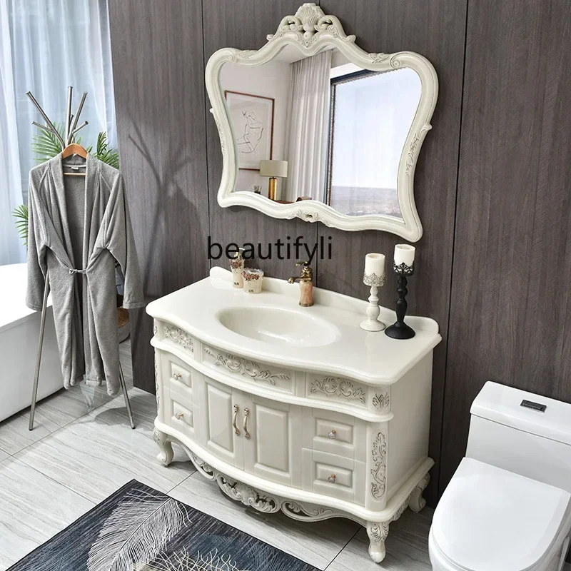 cqyEuropean-Style Bathroom Cabinet Combination Light Luxury Bathroom Jade Stone Plate Washbasin Washstand Floor