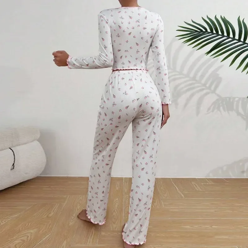 Autumn Winter Floral Print Pajamas Set for Women Sleepwear Long Sleeve Top and Long Pants 2 Piece Casual Homewear Loungewear