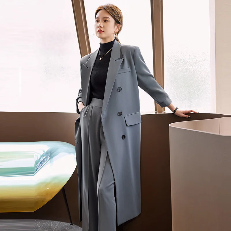 

Autumn Leisure Fashion New Double Breasted Slim Fit Long Blazer Suits Office Female Chic Jacket+Height Waist Wide Leg Pants