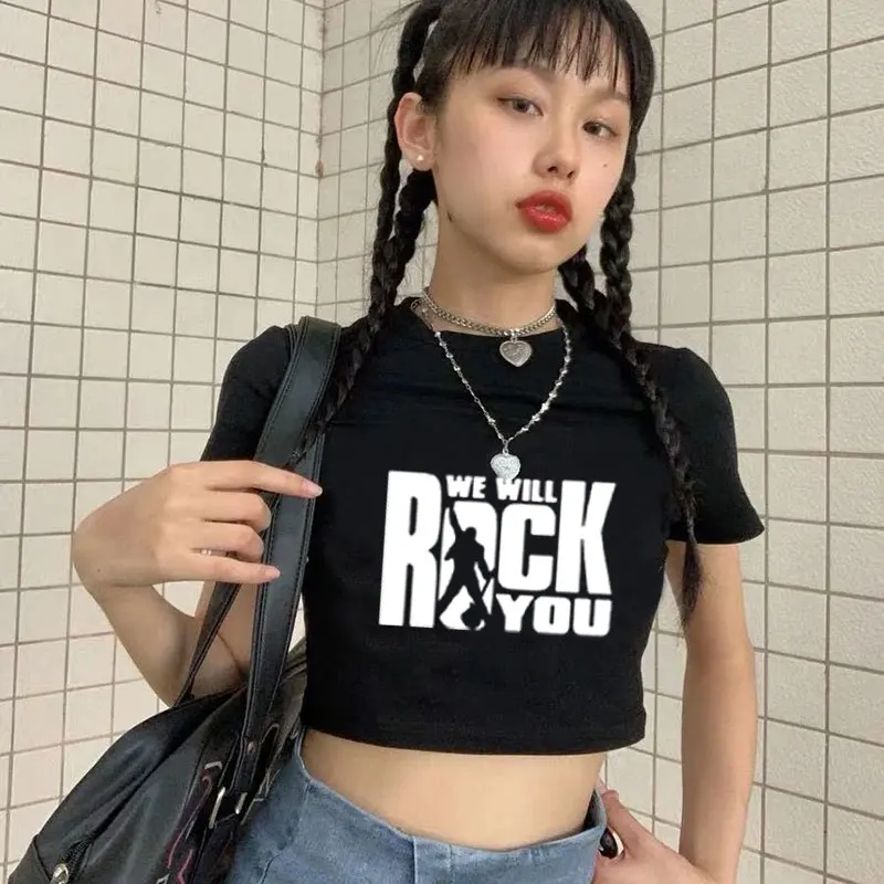 

Женская футболка с коротким рукавом We Will Rock You, укороченный топ с круглым вырезом и пупком
