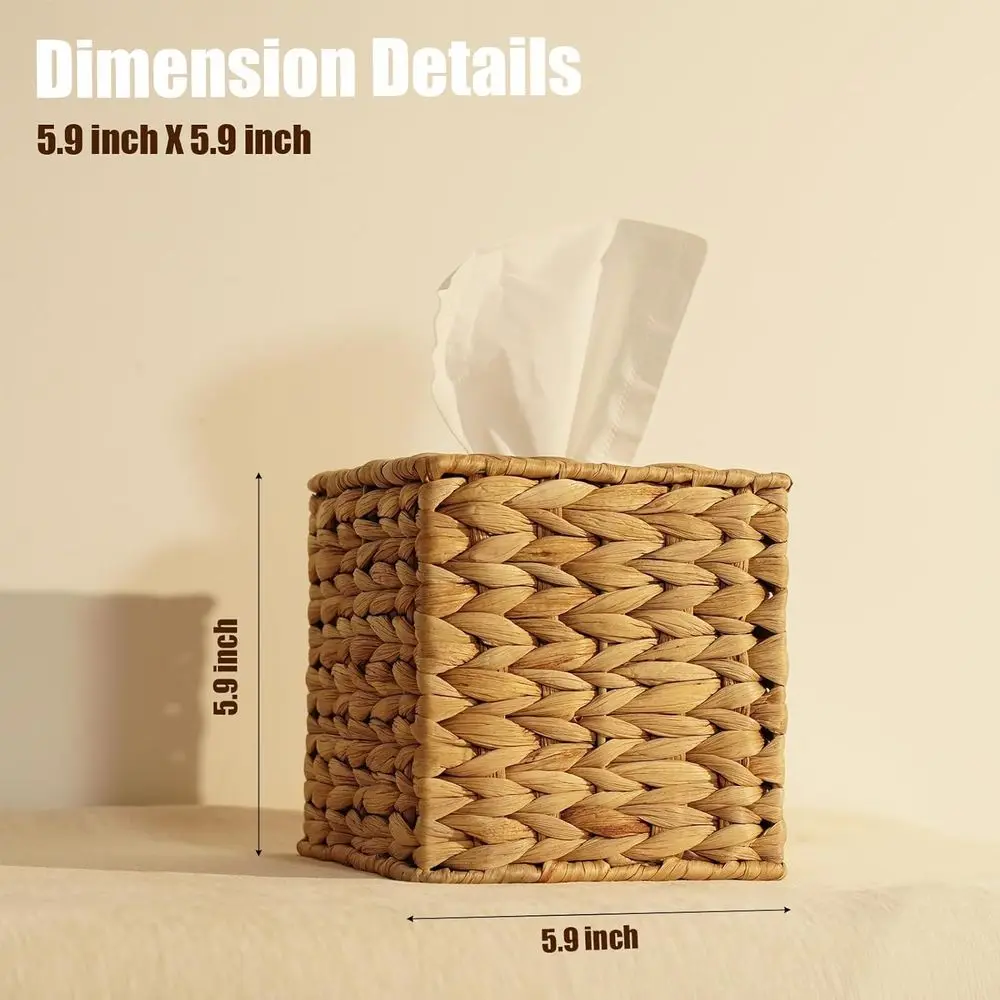 Handwoven Natural Wicker Tissue Box Cover, Handcrafted Square Napkin Holder, Rustic Boho Decor for Table and Bath