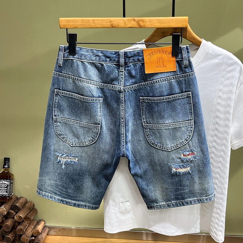 New summer trendy denim shorts men patchwork slim fit straight leg pants fashionable embroidery casual distressed jeans