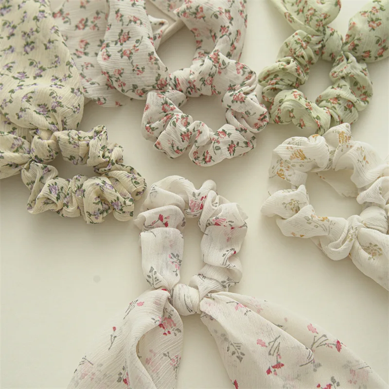 Hot Selling Fashion Summer Small Fresh Floral Long Streamer Hair Band Elastic Ponytial Scrunchies Head Rope Hair Accessories