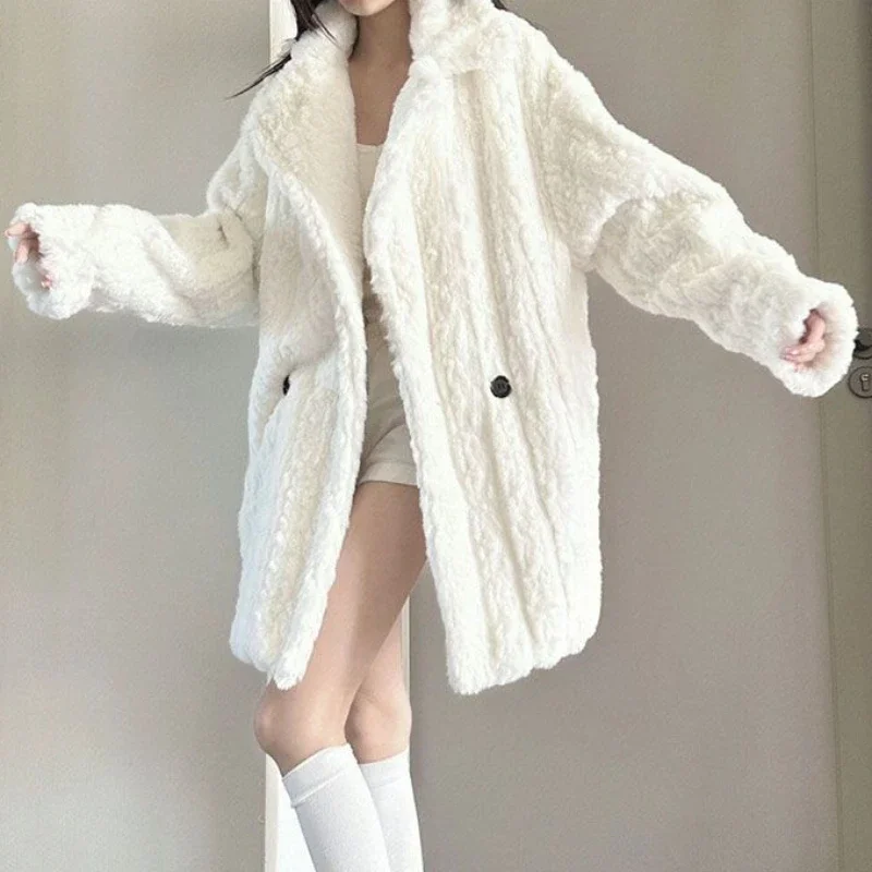2024 Winter New Women Korean Style Faux Lamb Plush Fur Coat Female Fashion High-End Mid-Length Fleece-Lined Thick Casual Outwear