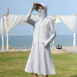 Outdoor Whole Body UV Protection Long Jacket Women Riding Fishing Hooded Protection Coats Woman Summer Ice Silk Beach Jacket