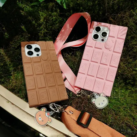 For iPhone 16 15 14 13 12 11 Pro Max 16promax Crossbody Strap Lanyard Phone Cases 3D Chocolate Silicone Cartoon Rilakkuma Case