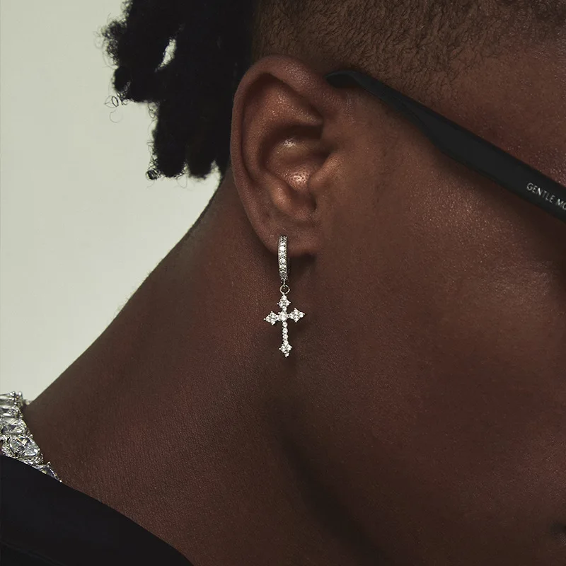 Creative Diamond Cross Earrings Stud Male Female Niche Design High-grade Trendy West Coast Hip Hop Hipster Style