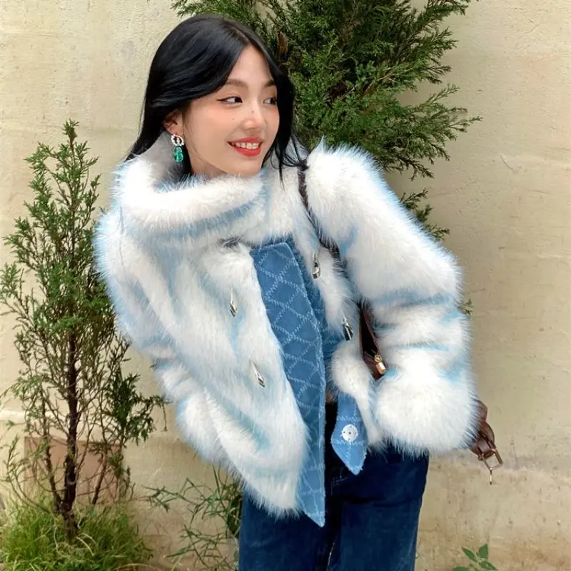 Fur Coat Denim Splicing High Quality Gradient Color Women'S Winter New Furry Warm Premium Coat Top 2023 Lady Coat