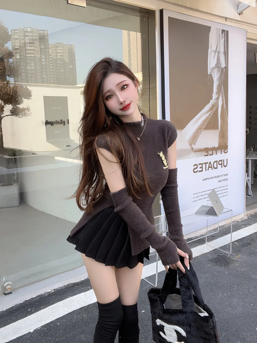 

Женский приталенный свитер с высоким воротником, утянутой талией, разрезом и длинными рукавами, съемный вязаный топ, весна-осень