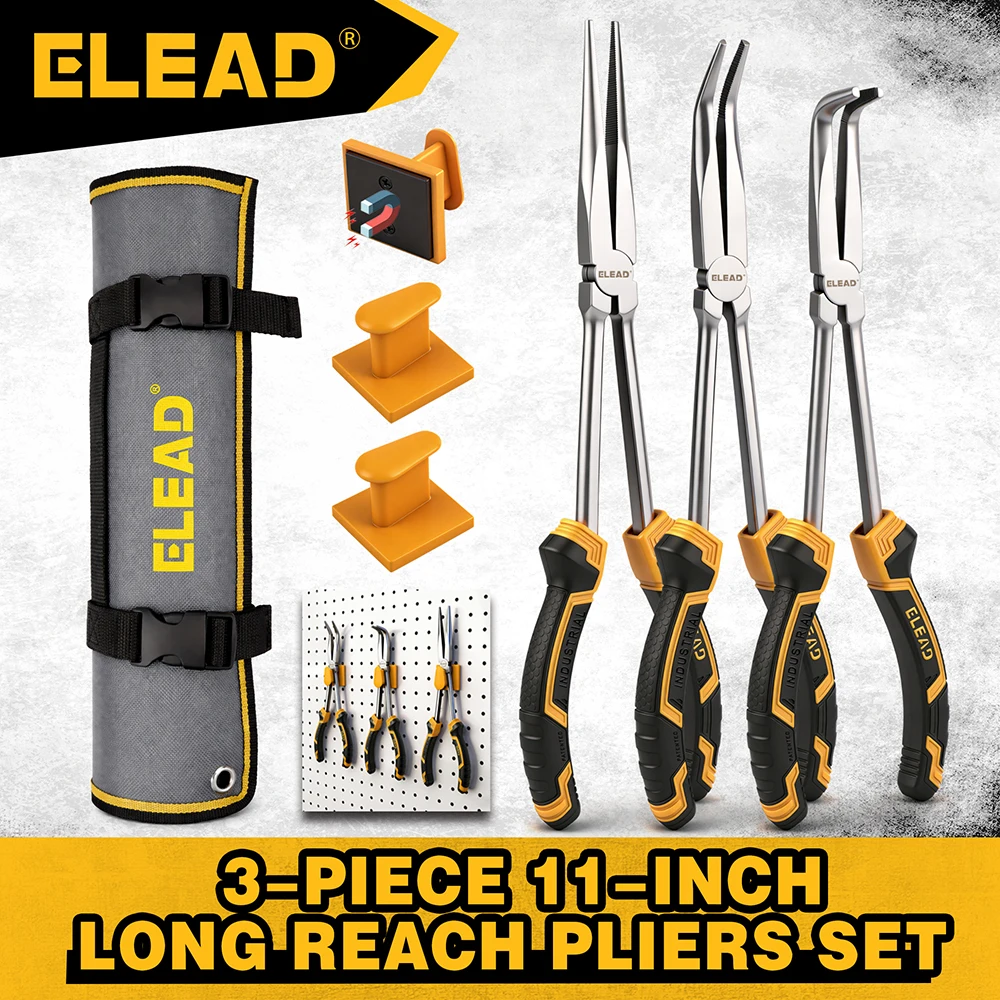 

ELEAD 3Pcs 11" Needle Nose Pliers, Straight Bent Nose, with 3 heavy-duty magnetic racks, Auto DIY Tools, Gift for Dad