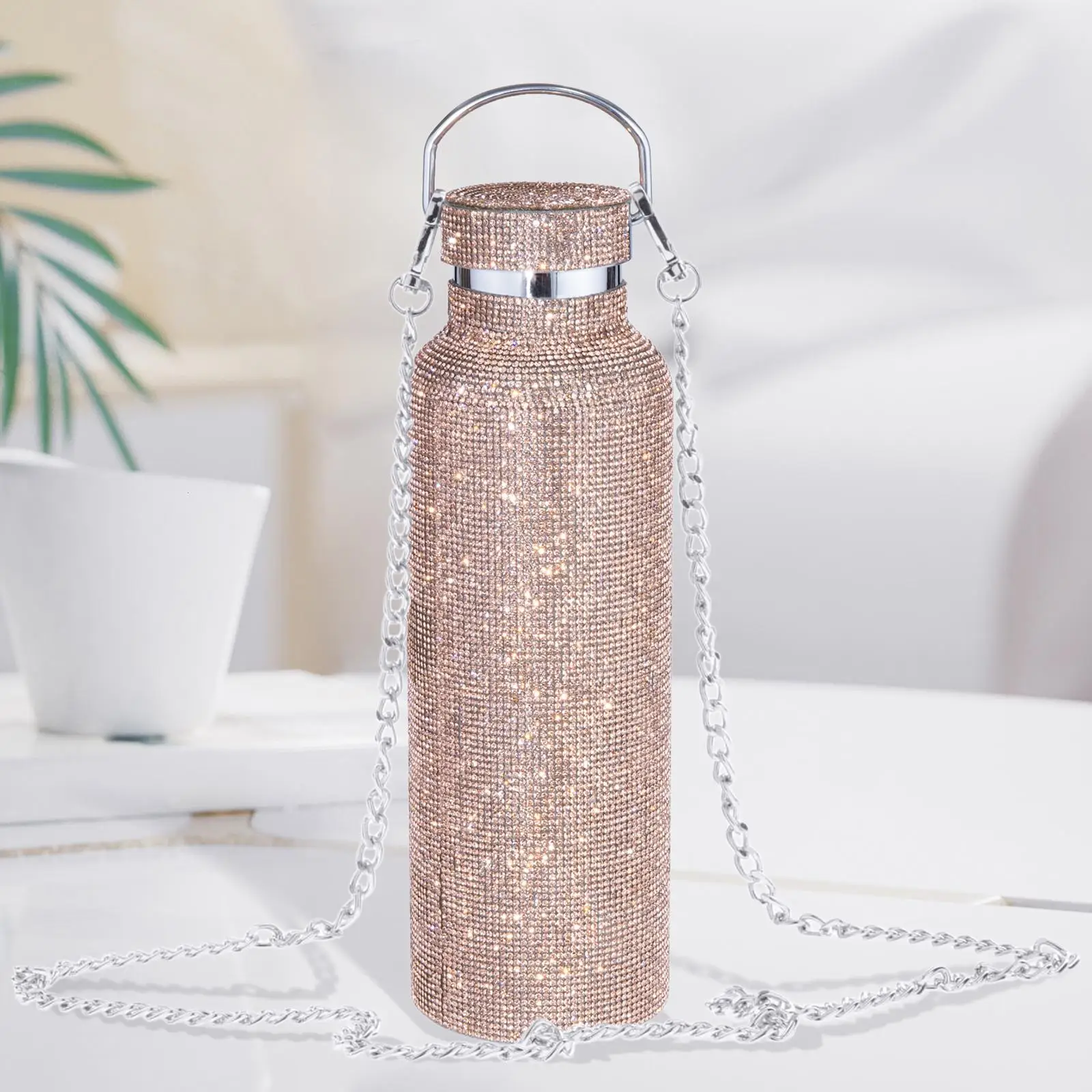 

Creative Diamond Water Bottle with Chain 500ml/17oz Refillable Insulated Bottle Stainless Steel Sparkling Vacuum Flask for Women