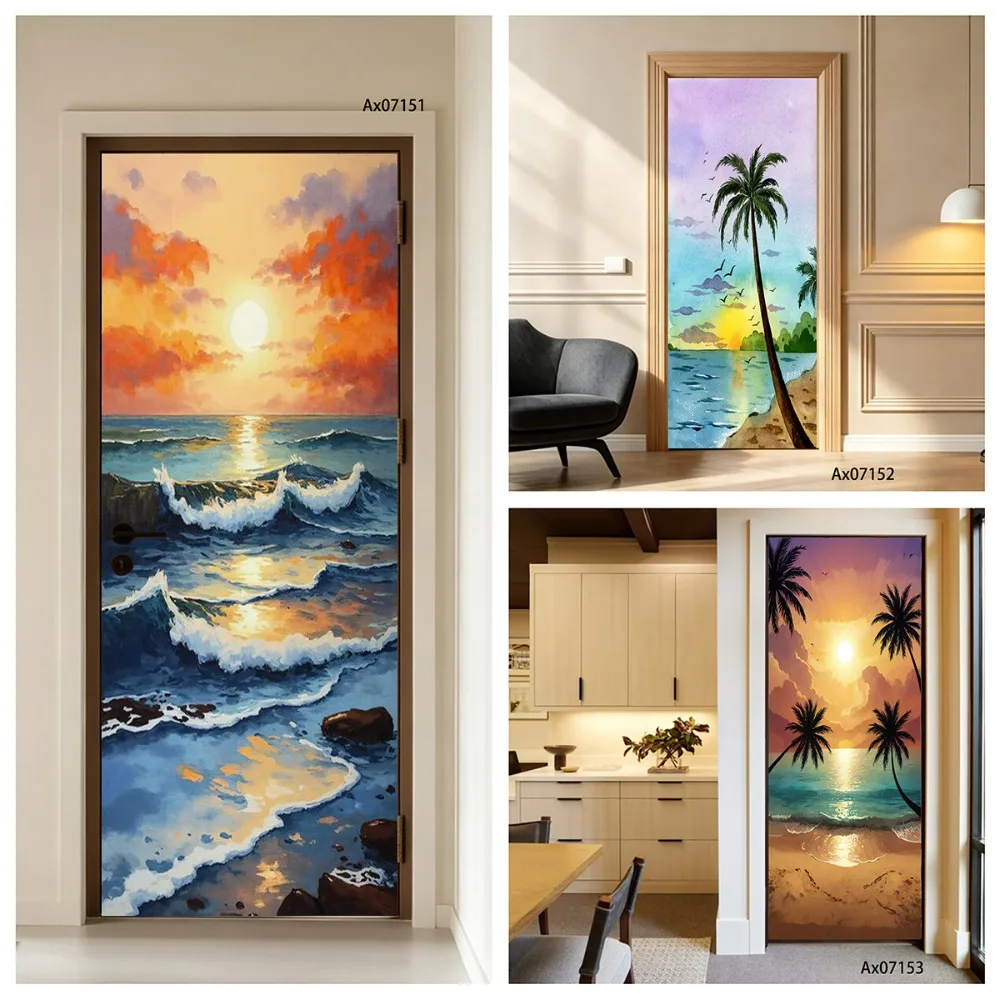 Tropical Sunset Wave Coconut Palm Oil Painting Door Sticker Art Mural Self-adhesive Kitchen Refrigerator Doors Wrap Stickers