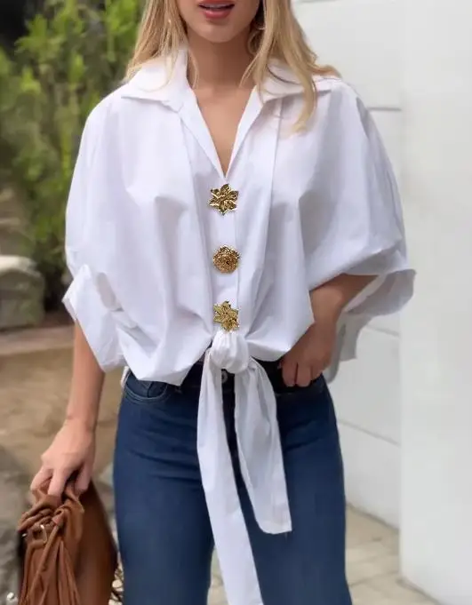 Top Women 2026 New Vintage Turn-Down Collar Batwing Sleeve Golden Floral Button Front Blouse Casual Knot Front Loose Fit Top