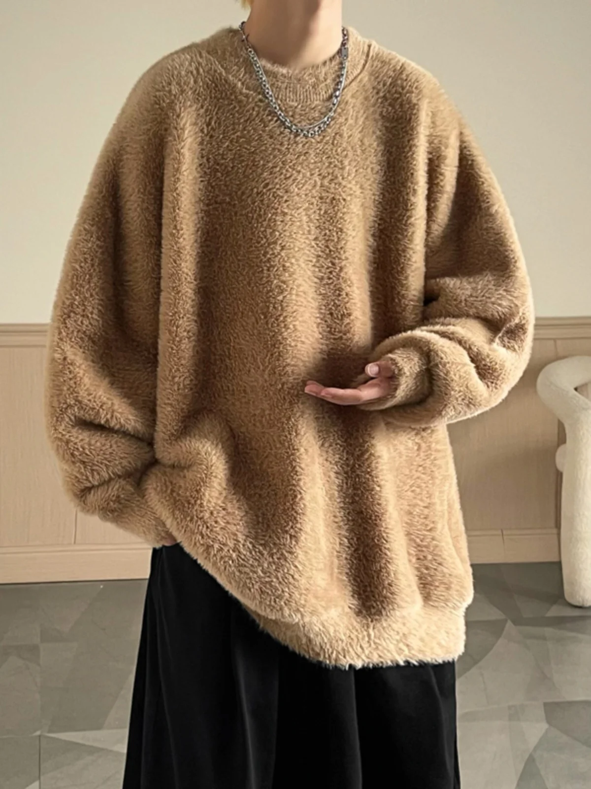 

Soft Thiened Men's Knitted Sweater Winter Leisure Sle Over-sized round Ne Long Sve Inner Wear Outerwear Coat