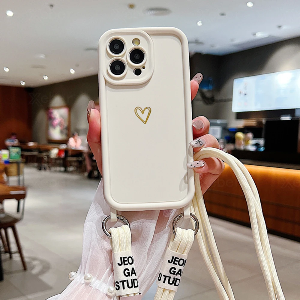 Crossbody Necklace Strap Lanyard Thicker Silicone Phone Case For iPhone 15 13 12 11 14 Pro Max X XR XS Max 7 8 Plus Matte Cover