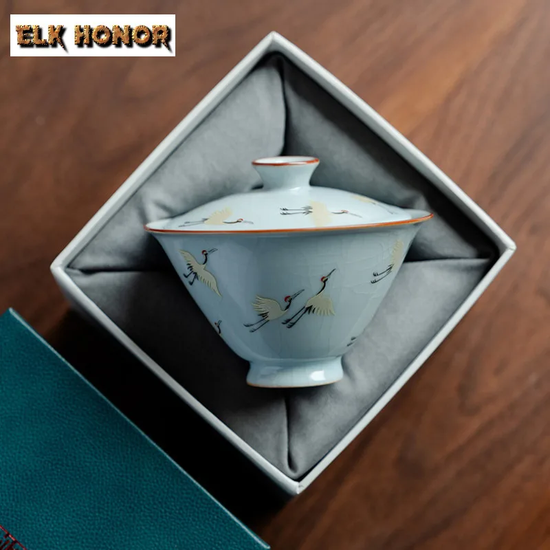 

110ml Ru Kiln Return Of The Crane Gaiwan Elegant Tea Tureen Tea Bowl With Lid Kit Tea Brewing Cover Bowl Cafes Accessories Craft