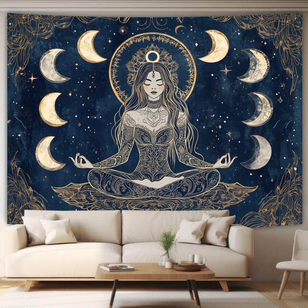 Moonlight Witch Meditation Tapestry Starry Moon Meditation Space Bohemian Style Bedroom Living Room Decor