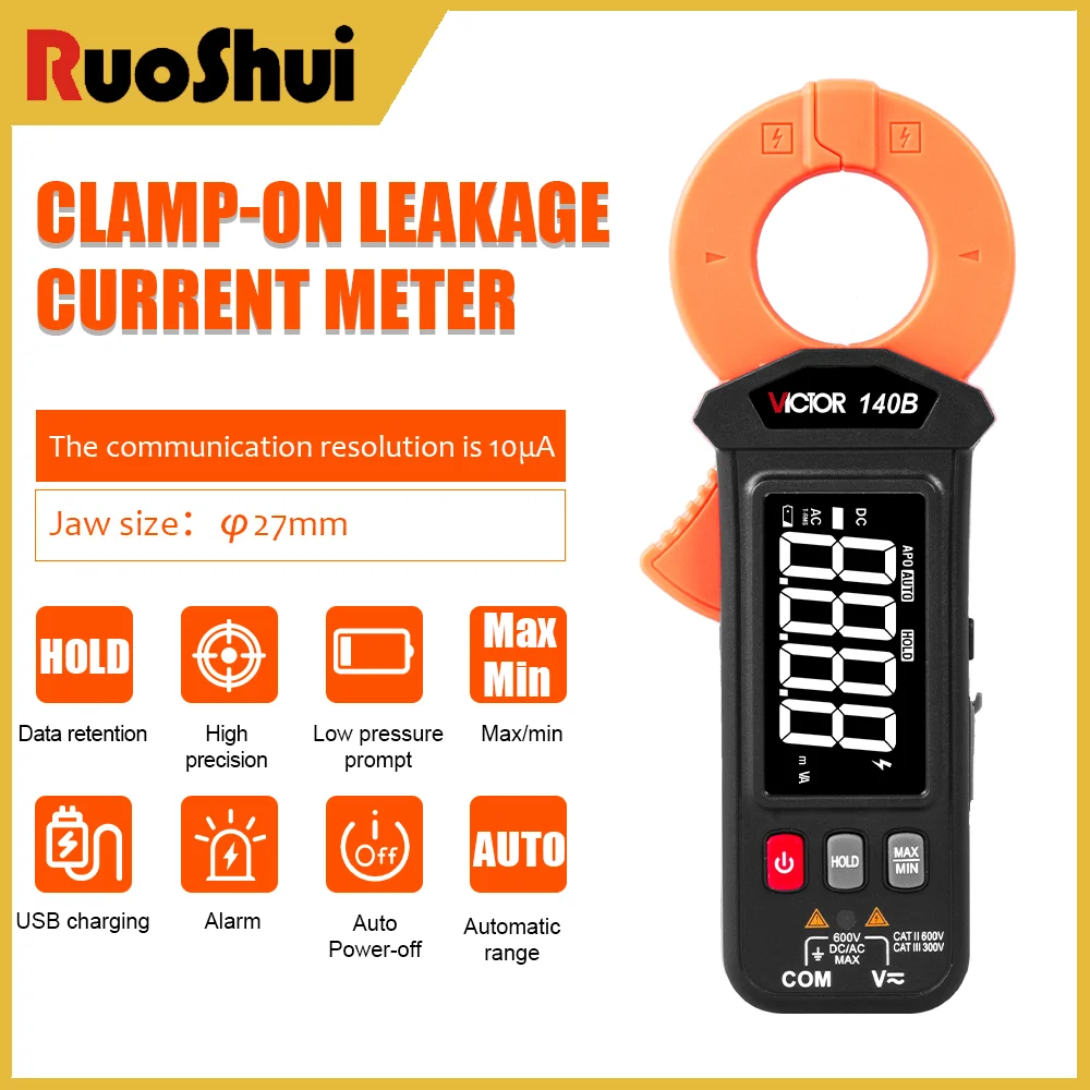 

140B Clamp-On Leakage Current Meter 27mm Jaw Resolution 10μA 600V 5999 Counts Current Measurement Tester 3.7V Lithium Battery