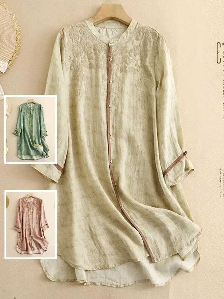 

High Quality Lace Embroidery Dress For Women Summer Fashion Three Qaurter Sleeve Chinese Style Elegant Sun-protection Clothing