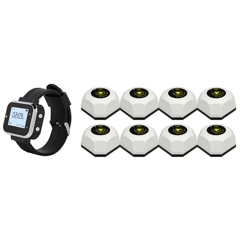 New!Wireless Restaurant Pager System 8 Call Buttons+1 Waiter Wrist Watch Receiver Calling System For Bars Cafes Hotels