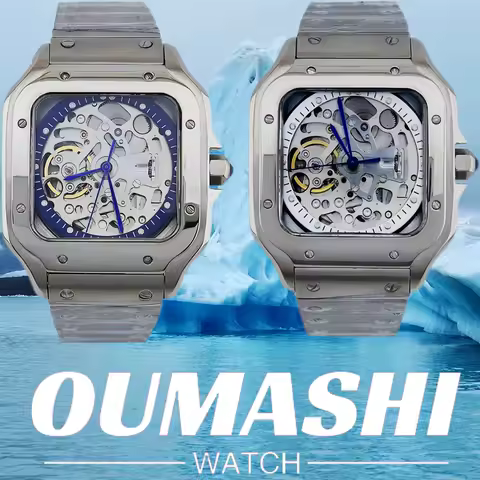 Men's mechanical watch, caliber NH70 movement, hollow dial, mineral glass watch, 38 mm, stylish cool man square watch waterproof