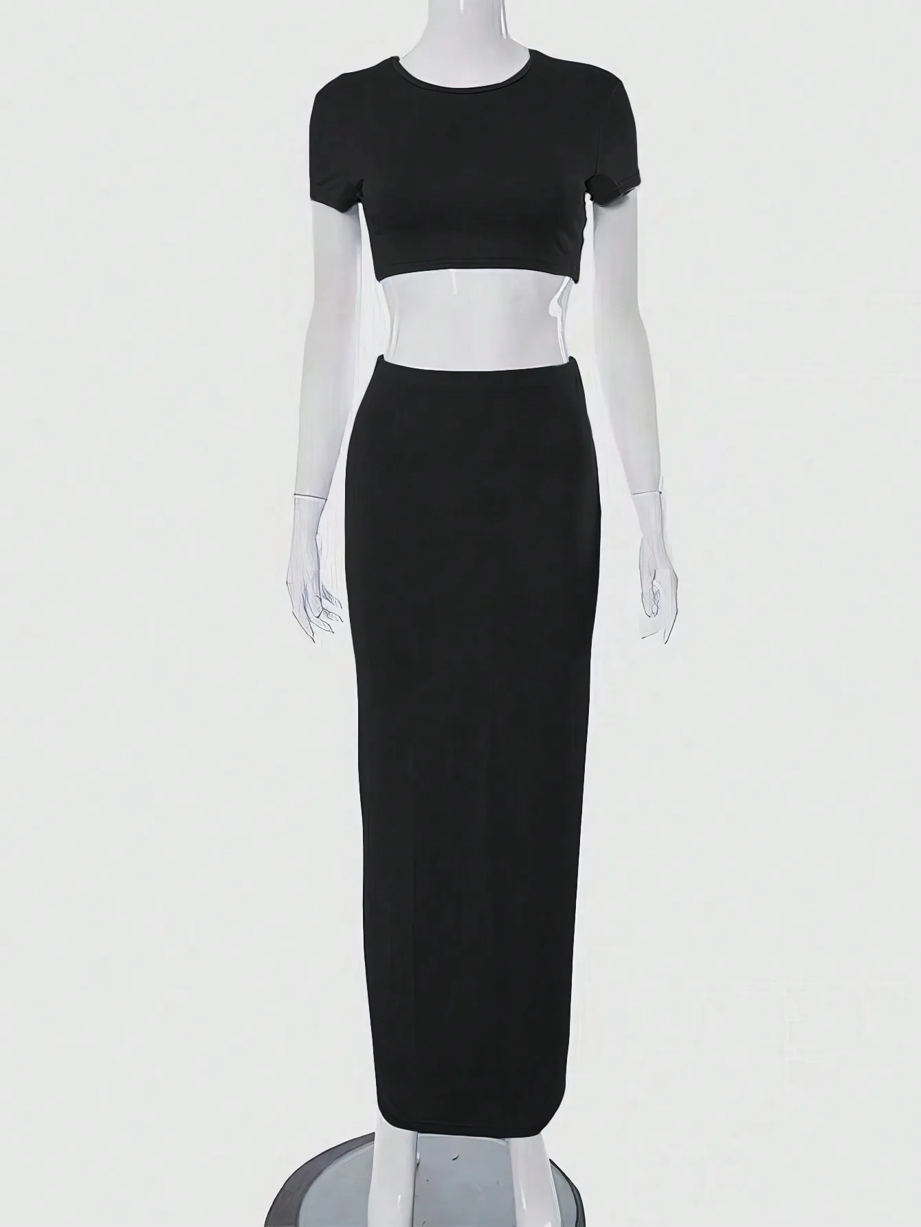 طقم نسائي بقصة ضيقة مكون من قطعتين بأكمام قصيرة وتنورة طويلة كاجوال طقم أساسي