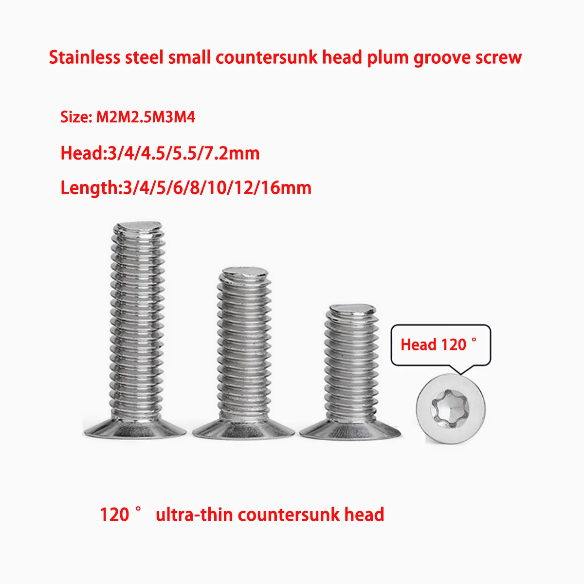 

200PCS 304 Stainless Steel 120 Degree Plum Blossom Groove Small Countersunk Machine Screw, Thin Flat Head Screw M2M2.5M3M4