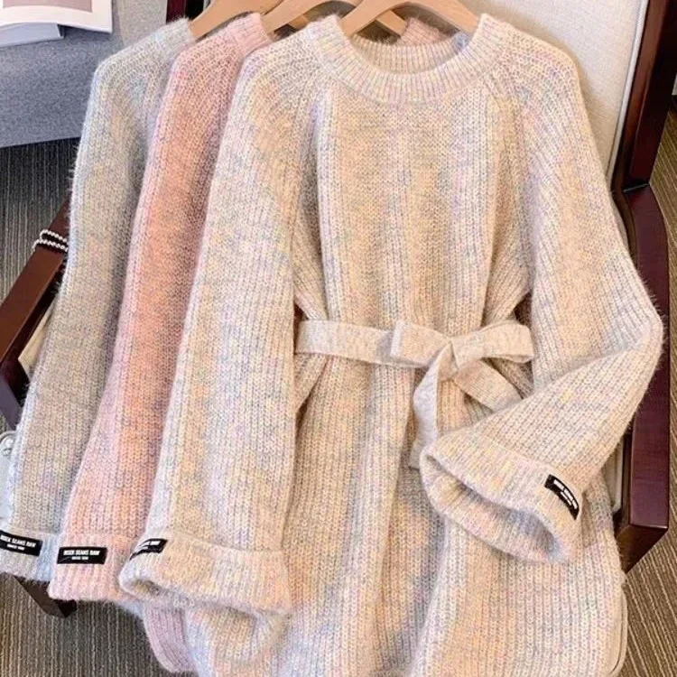 

Loose Knitted Crew Neck Sweater Women's Lazy Style Mid-Length Overhead Top Autumn Winter New Style Korean Style Slimming