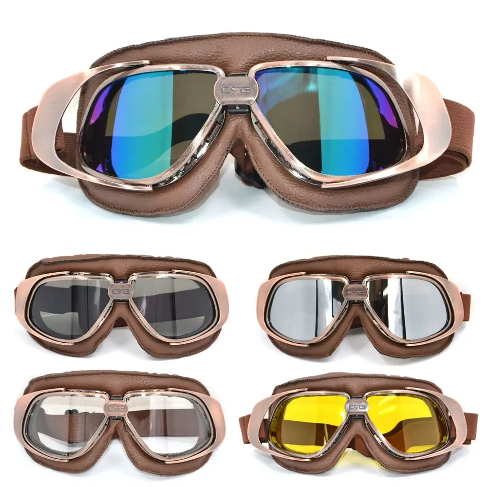 BJMOTO Man/Women WWII Vintage Motorcycle Leather Glasses Masque Motocross Off-Road Flexible Cycling Eyewear For Helmets Sport